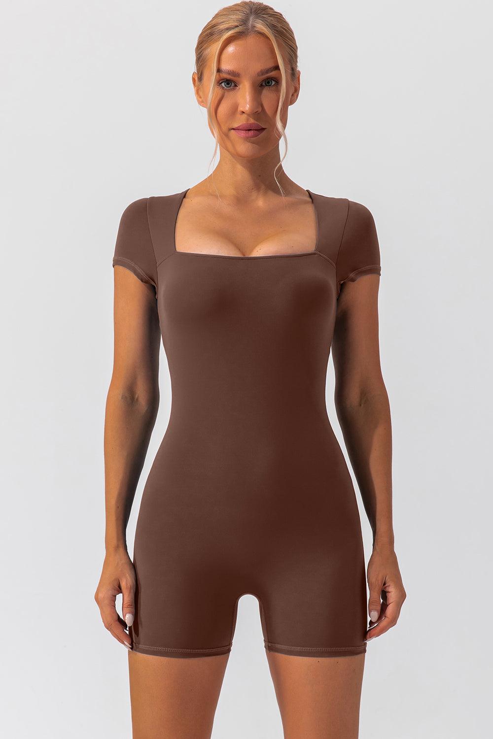 Square Neck Cap Sleeve Active Romper - Znvia