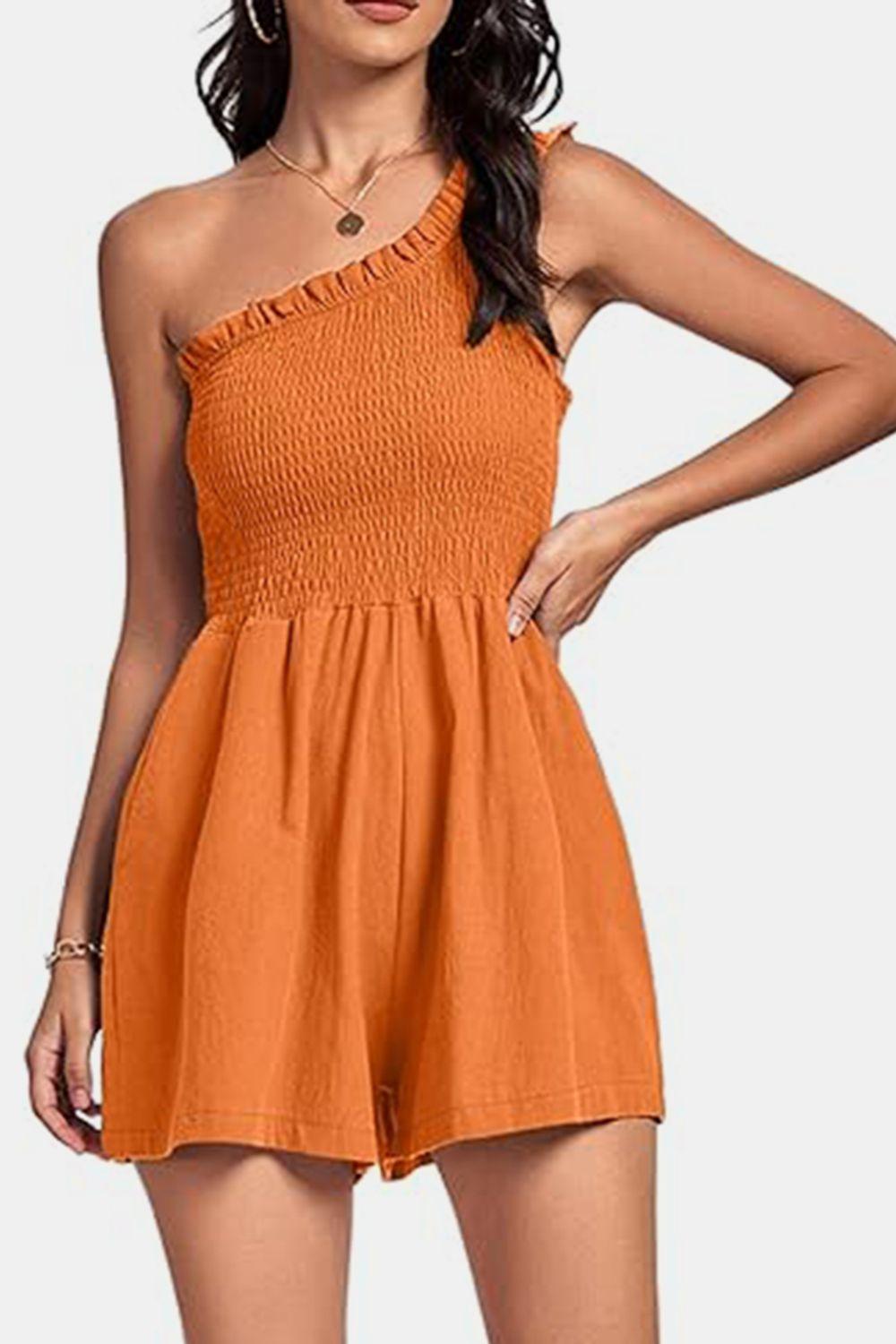 Smocked Single Shoulder Romper - Znvia