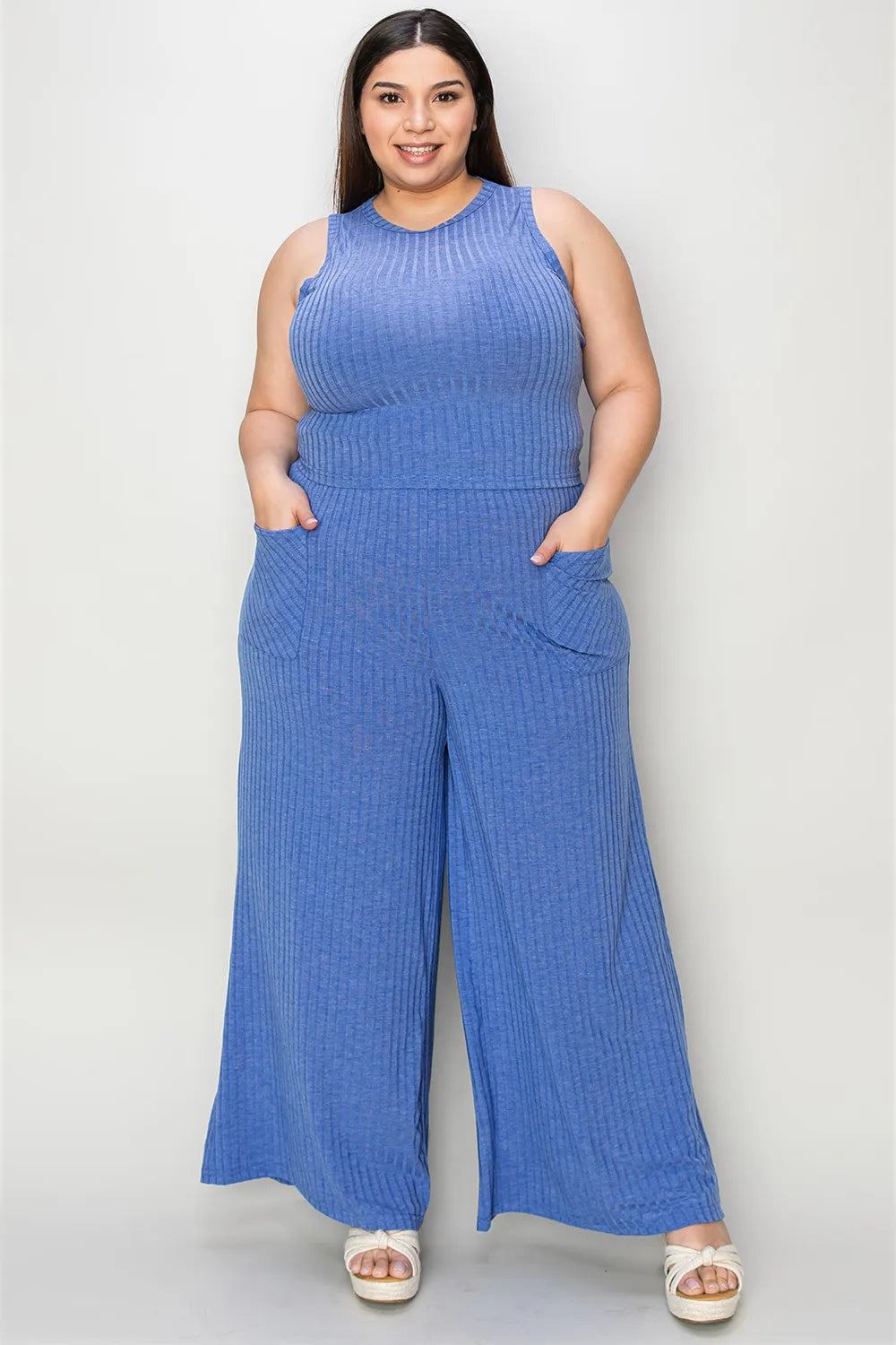 Full Size Ribbed Tank and Wide Leg Pants Set - Znvia