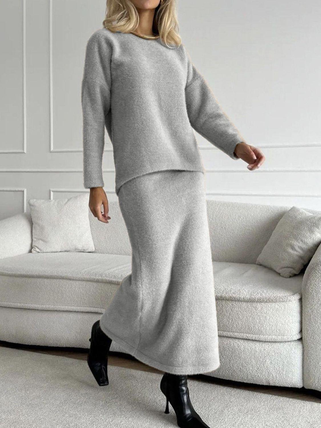 Round Neck Dropped Shoulder Top and Midi Skirt Sweater Set - Znvia