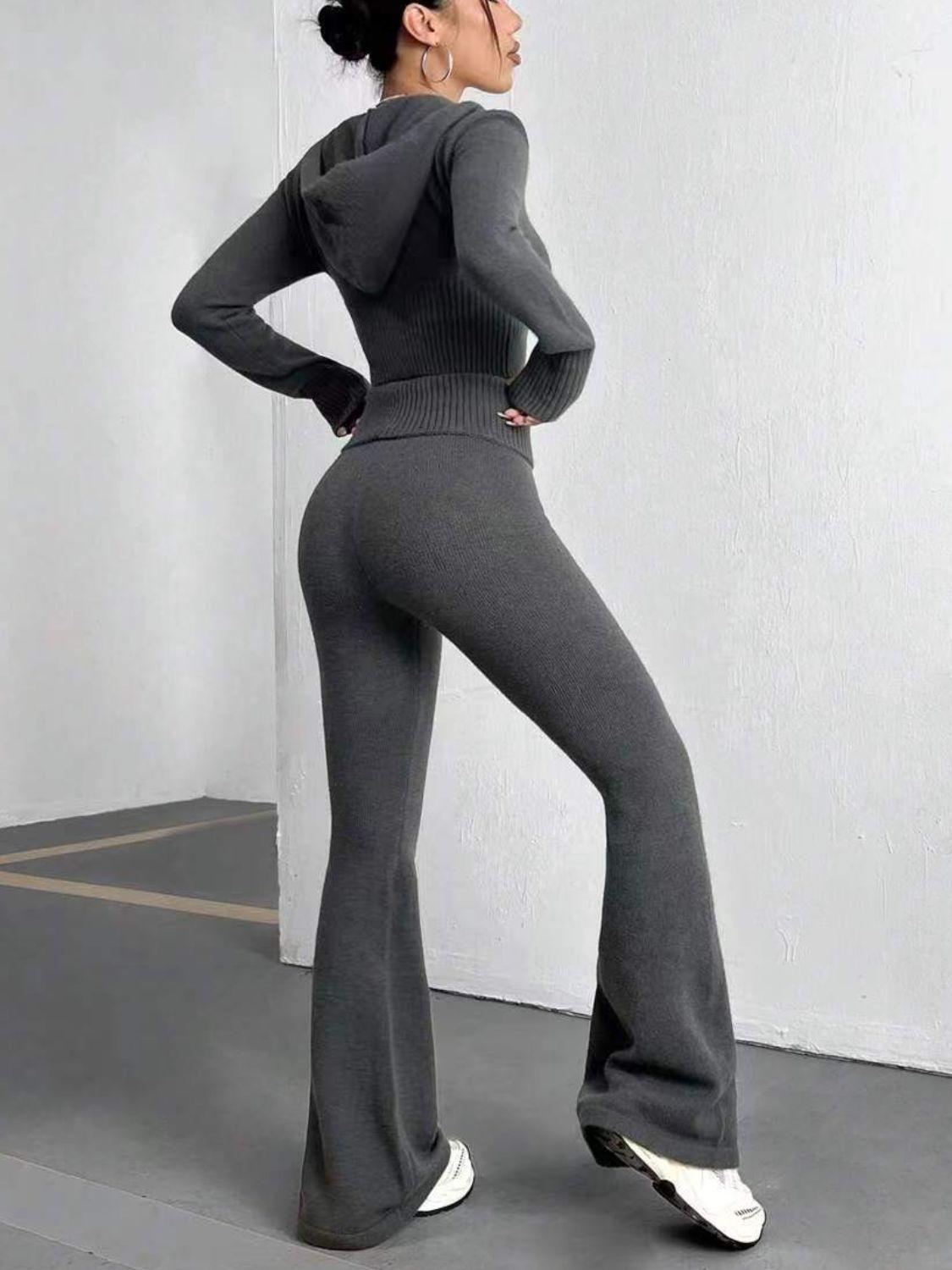Zip Up Hooded Top and Flare Pants Sweater Set - Znvia
