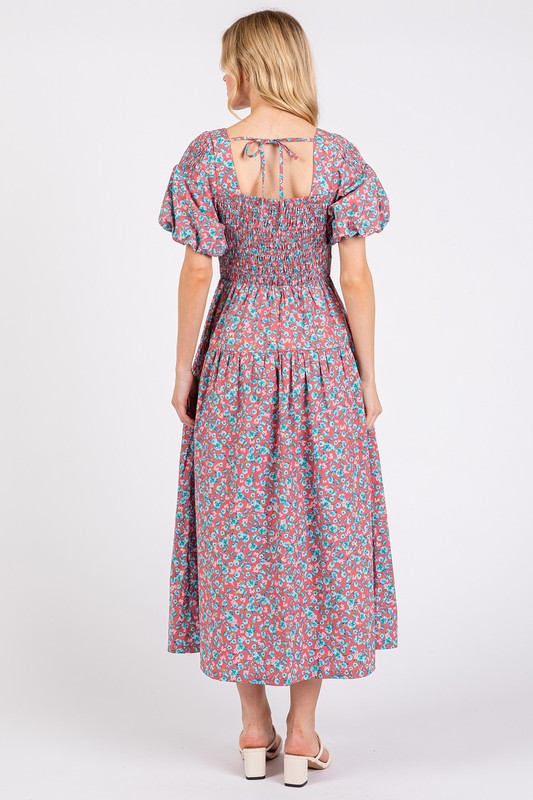 Smocked Floral Square Neck Puff Sleeve Midi Dress - Znvia