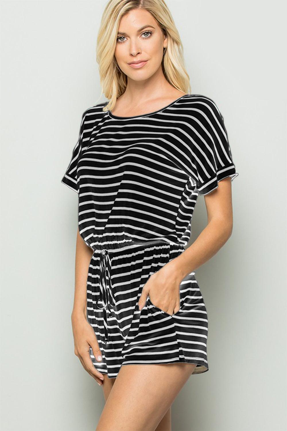 Full Size Striped Round Neck Short Sleeve Romper - Znvia