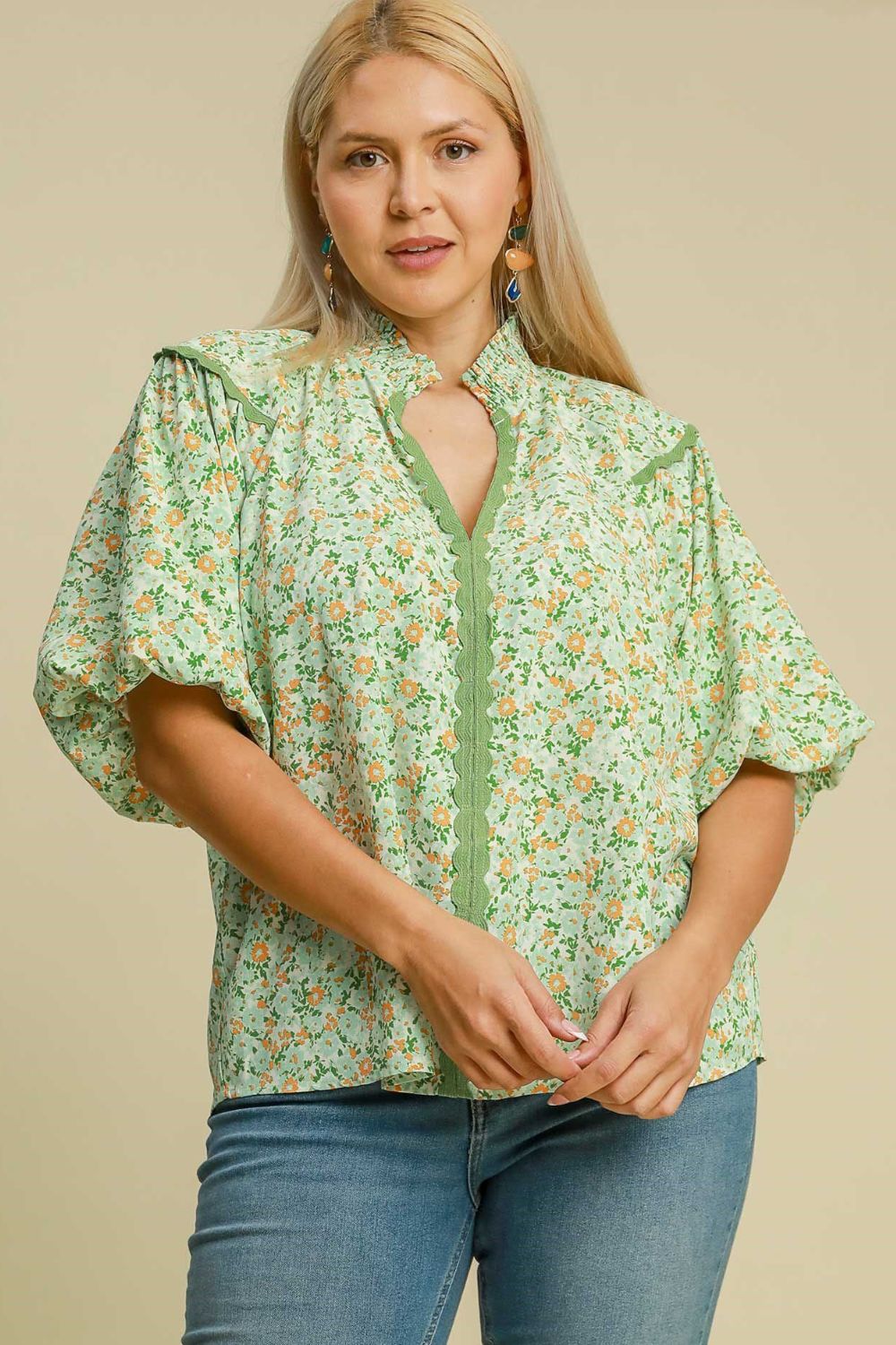 Full Size Floral Print Puff Sleeve Top – Elegant & Feminine - Znvia