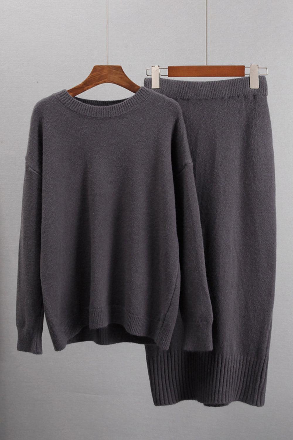 Round Neck Dropped Shoulder Top and Skirt Sweater Set – Effortless Chic for the Modern Woman - Znvia