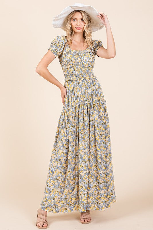 Flower Print Puff Sleeve Gathered Maxi Dress - Znvia