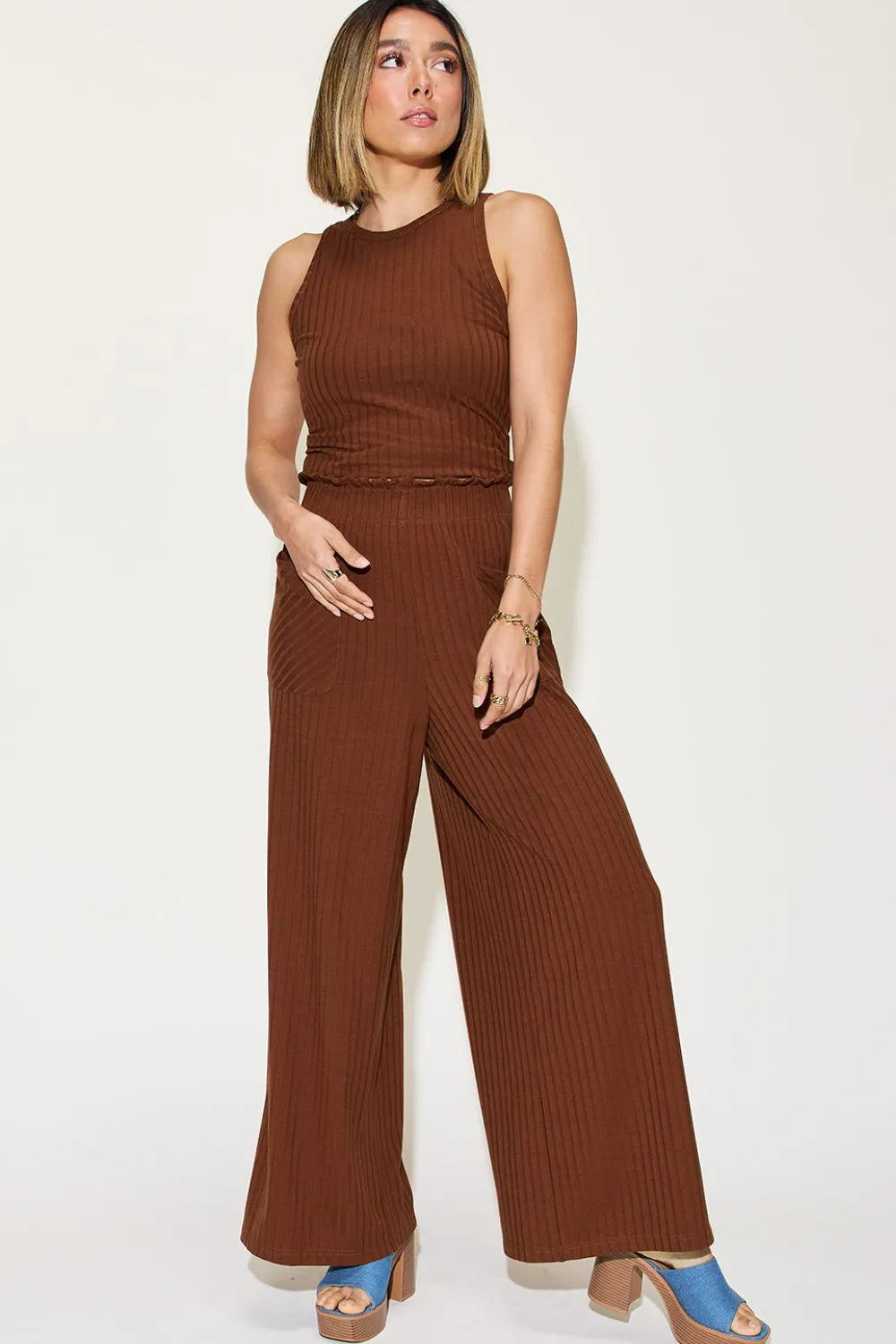 Full Size Ribbed Tank and Wide Leg Pants Set - Znvia