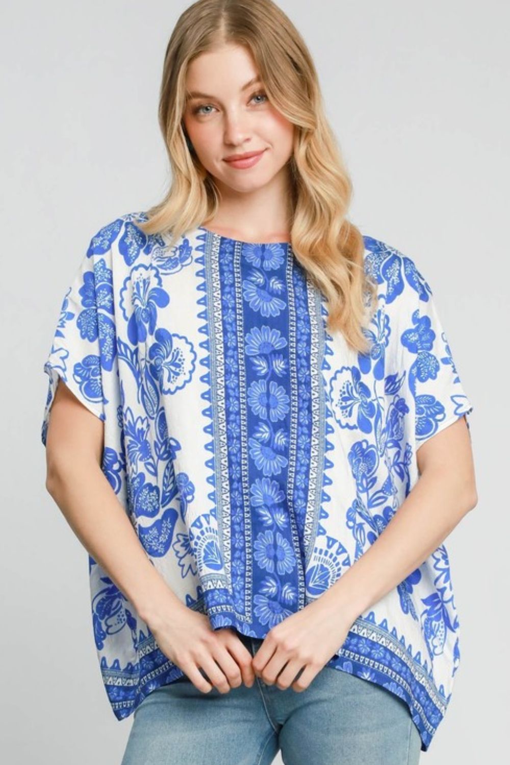 Full Size Floral Border Print Oversized Top - Plus Size - Znvia