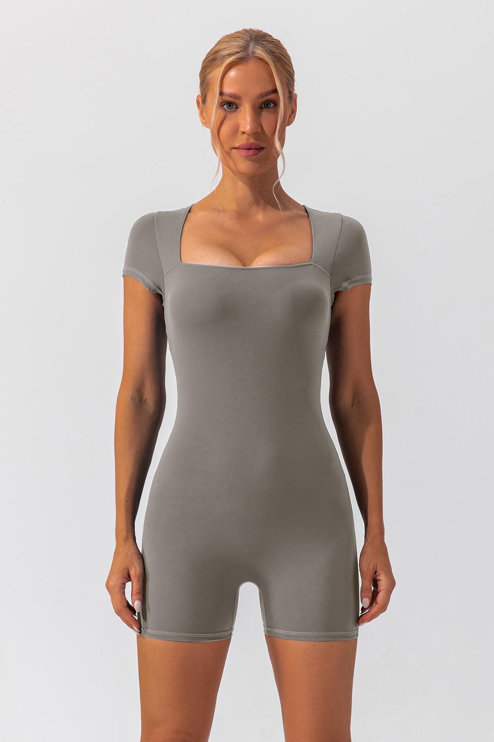Square Neck Cap Sleeve Active Romper - Znvia