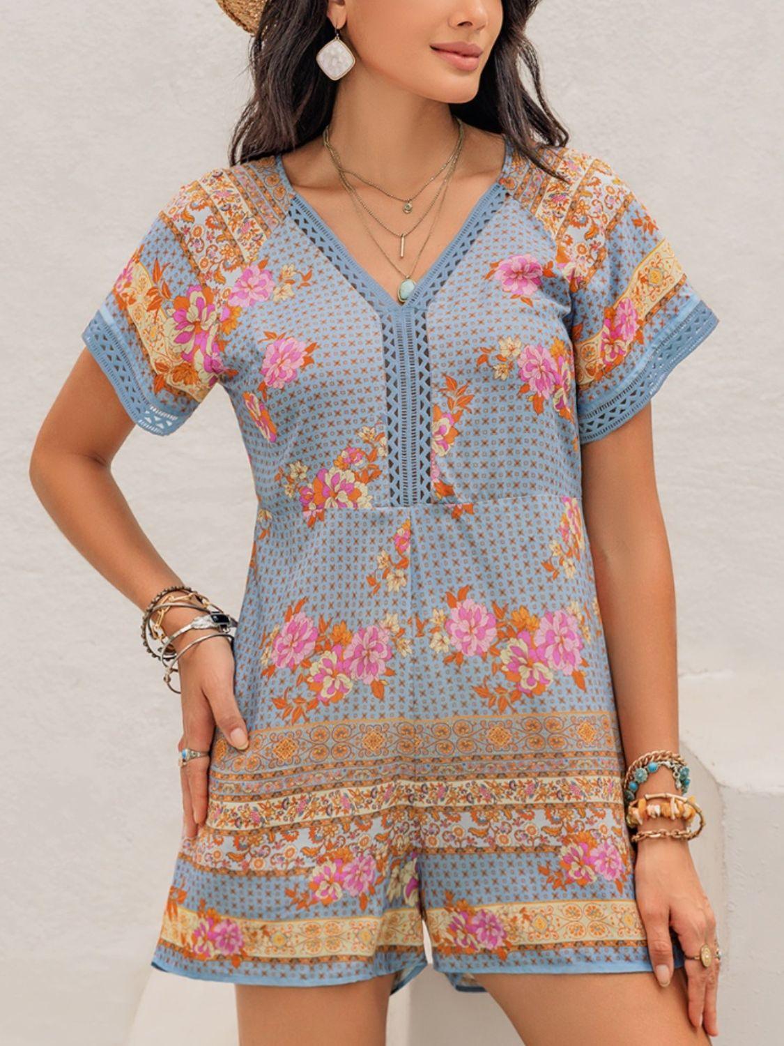 Printed V-Neck Short Sleeve Romper - Znvia