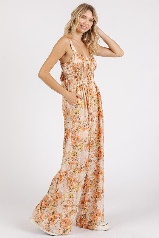 Flower Print Gathered Bust Sleeveless Jumpsuit - Znvia