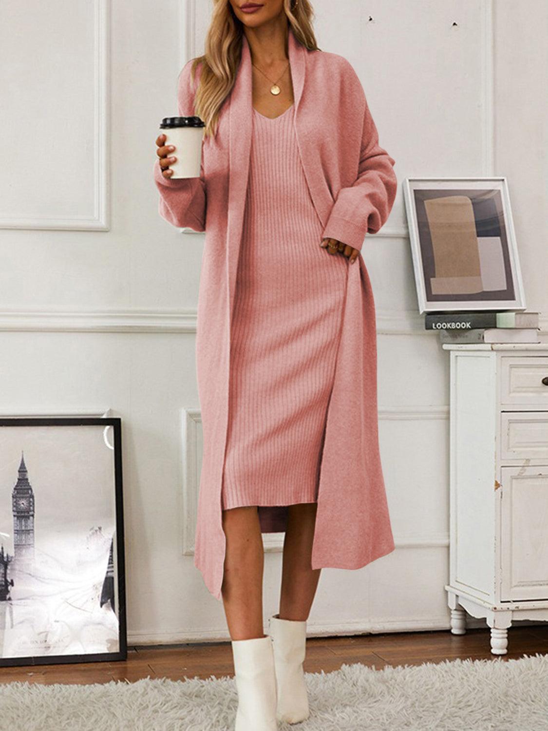 V-Neck Cami Dress and Open Front Cardigan Sweater Set – Effortless Elegance, Everyday Comfort - Znvia