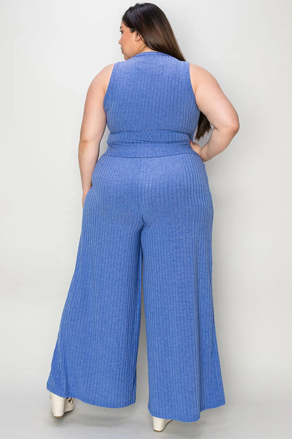 Full Size Ribbed Tank and Wide Leg Pants Set - Znvia