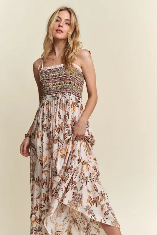 Smocked Printed Square Neck Tie Shoulder Cami Dress - Znvia
