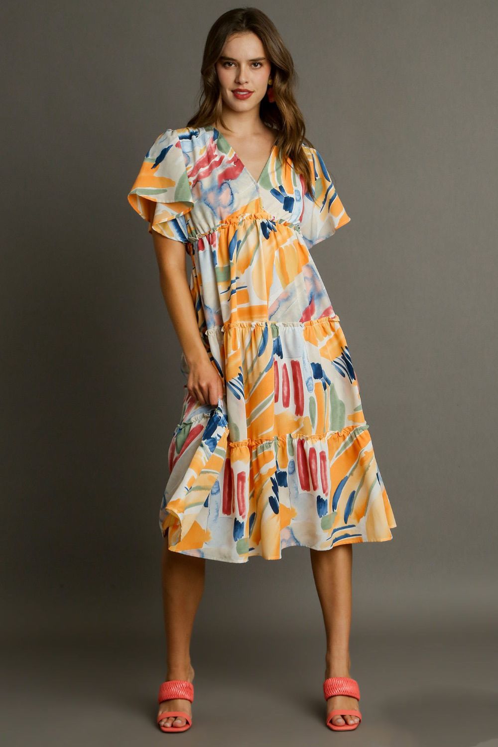 Full Size Abstract Print Flutter Sleeve Frill Tiered Midi Dress – Plus Size - Znvia