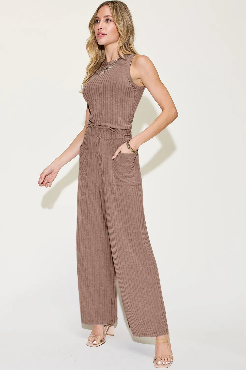 Full Size Ribbed Tank and Wide Leg Pants Set - Znvia