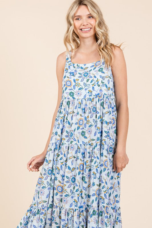 Flower Print Tiered Sleeveless Empire Maxi Dress - Znvia