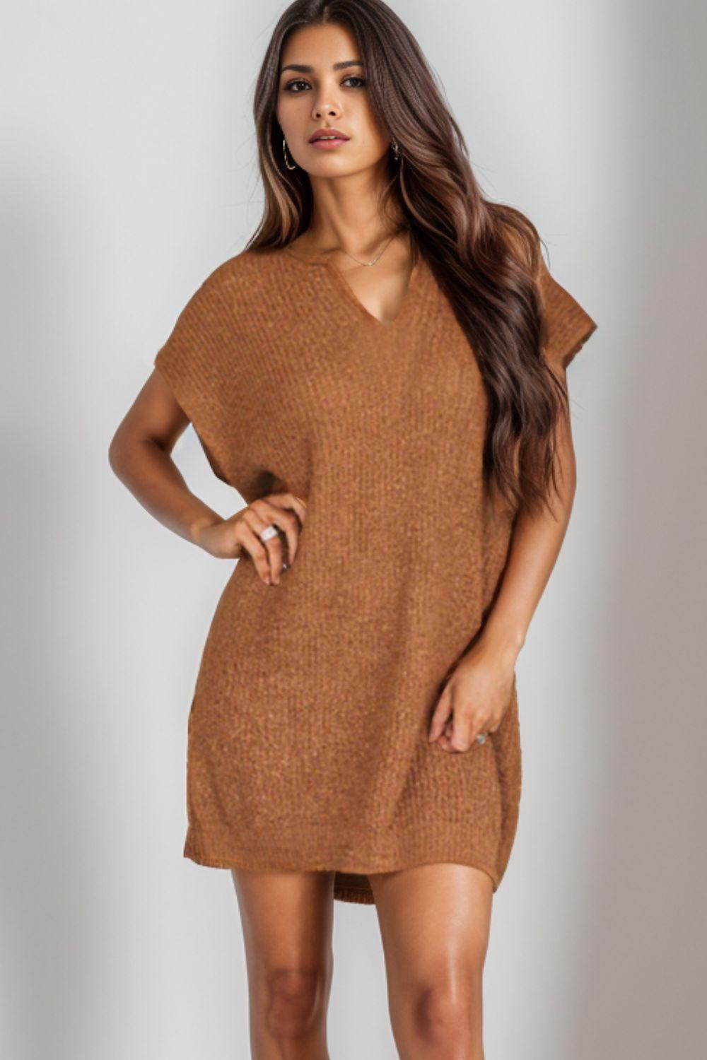 Notched Cap Sleeve Mini Sweater Dress – Effortless Style with Everyday Comfort - Znvia