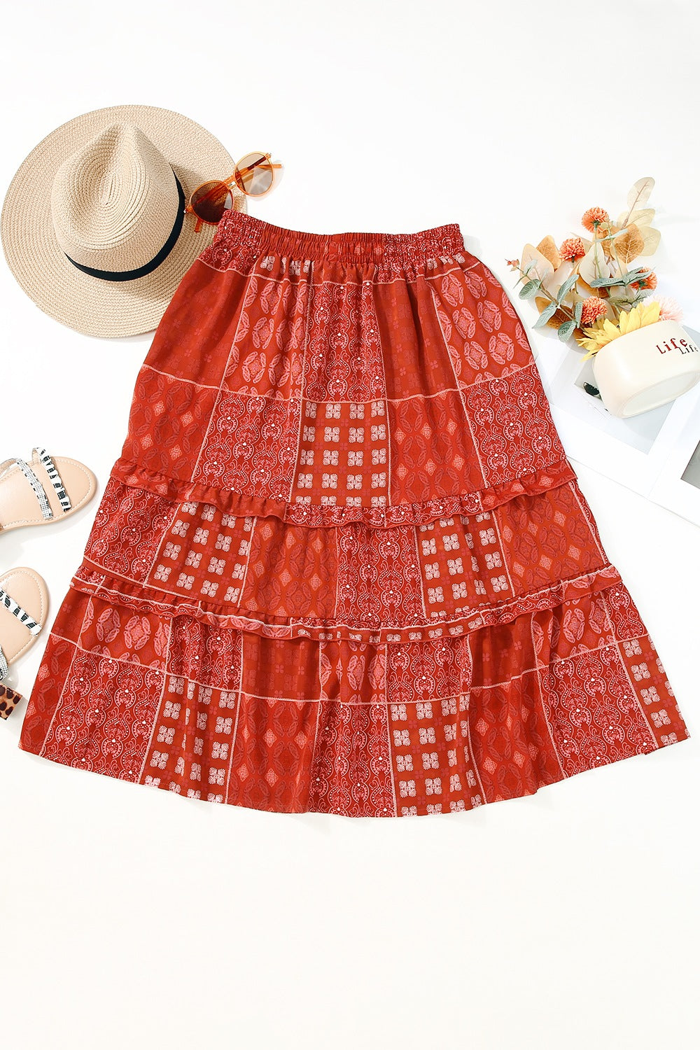 Printed Drawstring Midi Skirt - Znvia