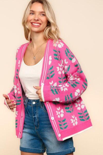 Full Size Floral Jacquard V-Neck Button Up Cardigan - Znvia