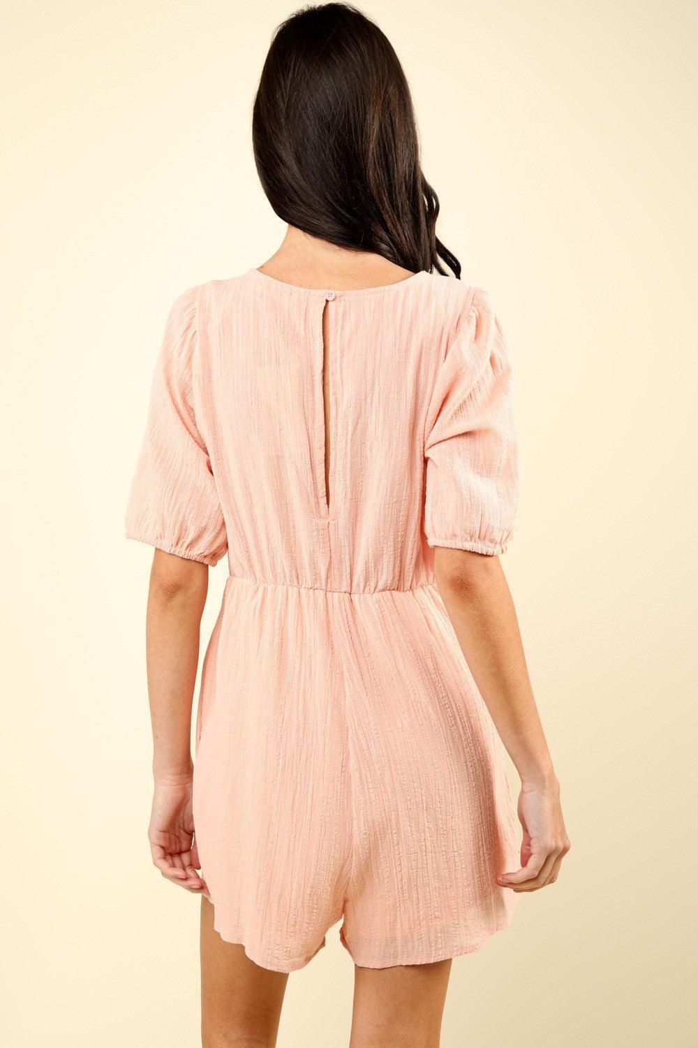 Lace Detail Puff Sleeve Romper with Pockets - Znvia