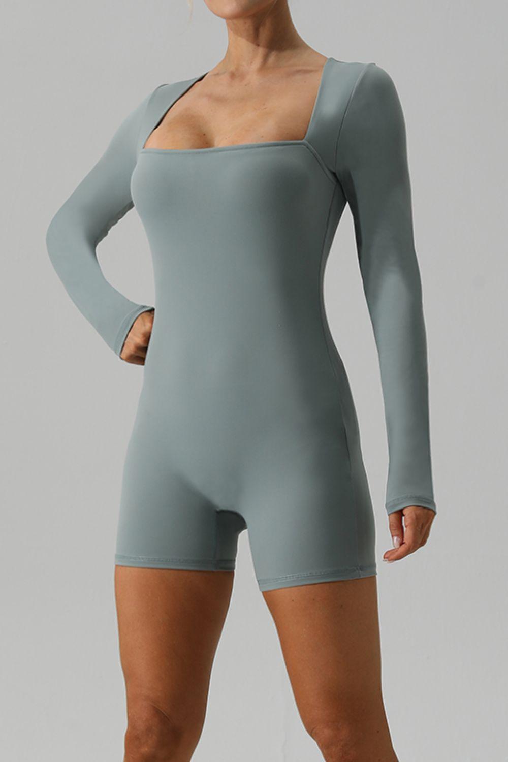 Square Neck Long Sleeve Active Romper - Znvia