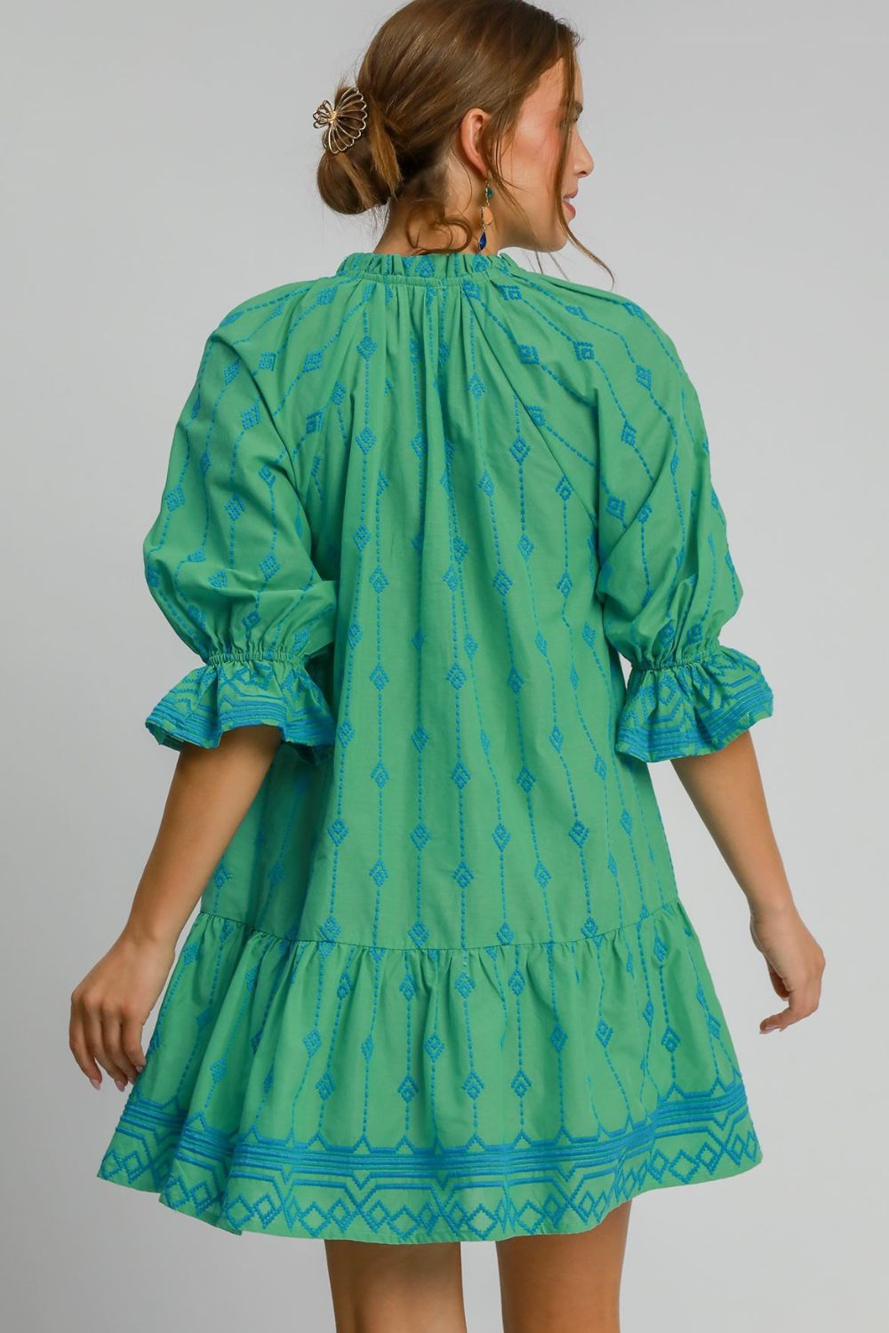 Full Size Tassel Embroidered Flounce Sleeve Mini Dress Plus Size - Znvia