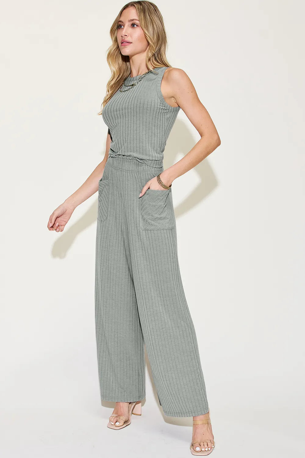 Full Size Ribbed Tank and Wide Leg Pants Set - Znvia