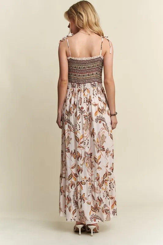Smocked Printed Square Neck Tie Shoulder Cami Dress - Znvia
