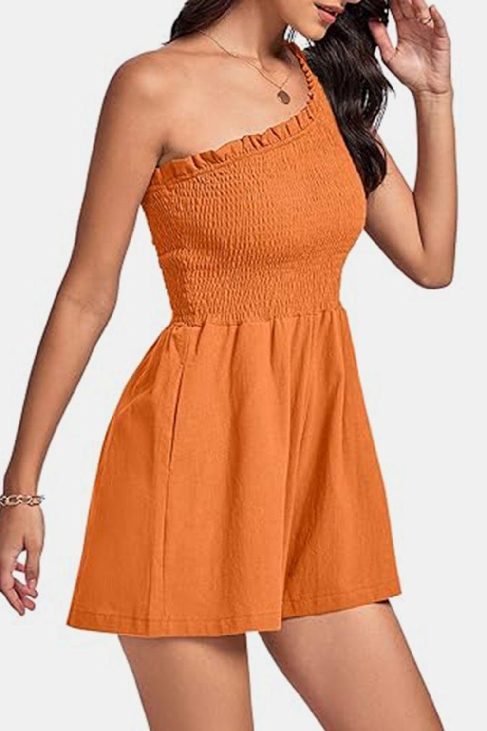 Smocked Single Shoulder Romper - Znvia