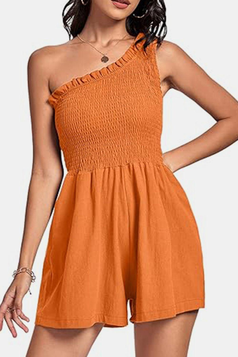 Smocked Single Shoulder Romper - Znvia