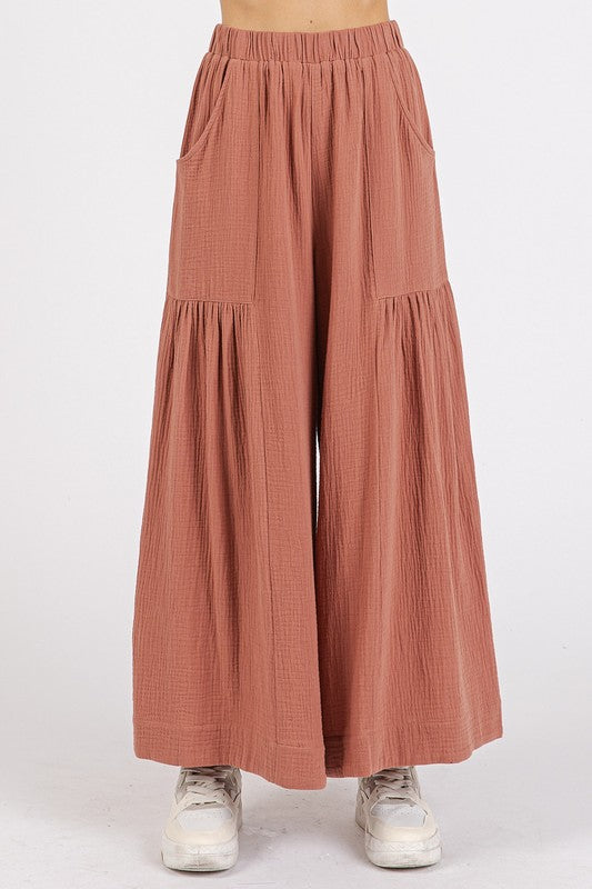 Gauze Elastic Waist Pleated Wide Leg Pants - Znvia