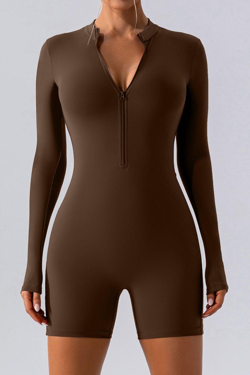 Half Zip Long Sleeve Active Romper - Znvia