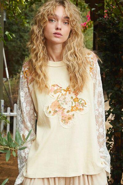 Flower Patch Lace Sleeve Knit Top – Effortlessly Chic, Undeniably Stylish - Znvia