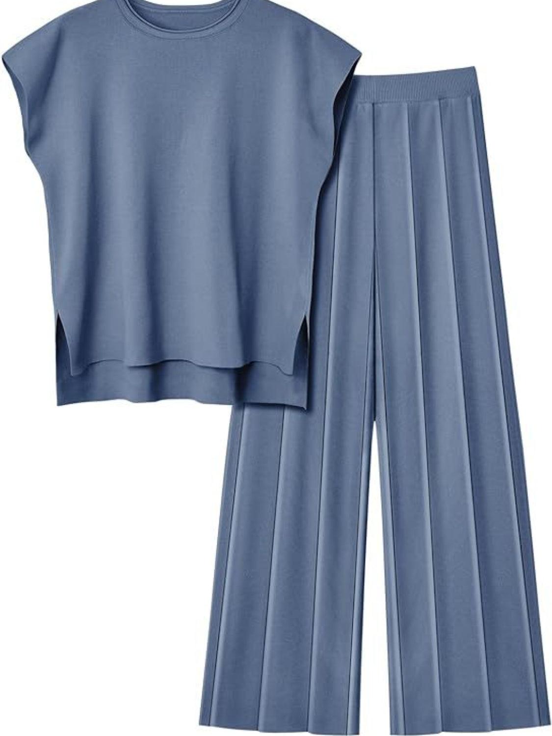 Round Neck Cap Sleeve Top and Pants Knit Set – Effortless Style Meets Supreme Comfort - Znvia