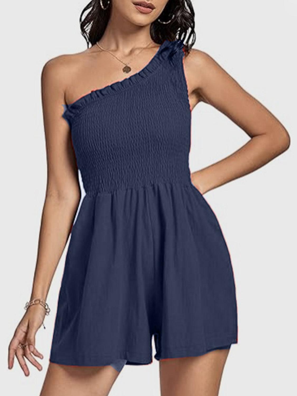 Smocked Single Shoulder Romper - Znvia
