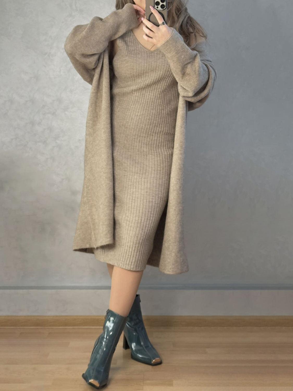 V-Neck Cami Dress and Open Front Cardigan Sweater Set – Effortless Elegance, Everyday Comfort - Znvia