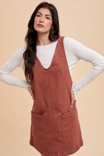 V-Neck Adjustable Strap Denim Overall Dress with Pockets - Znvia