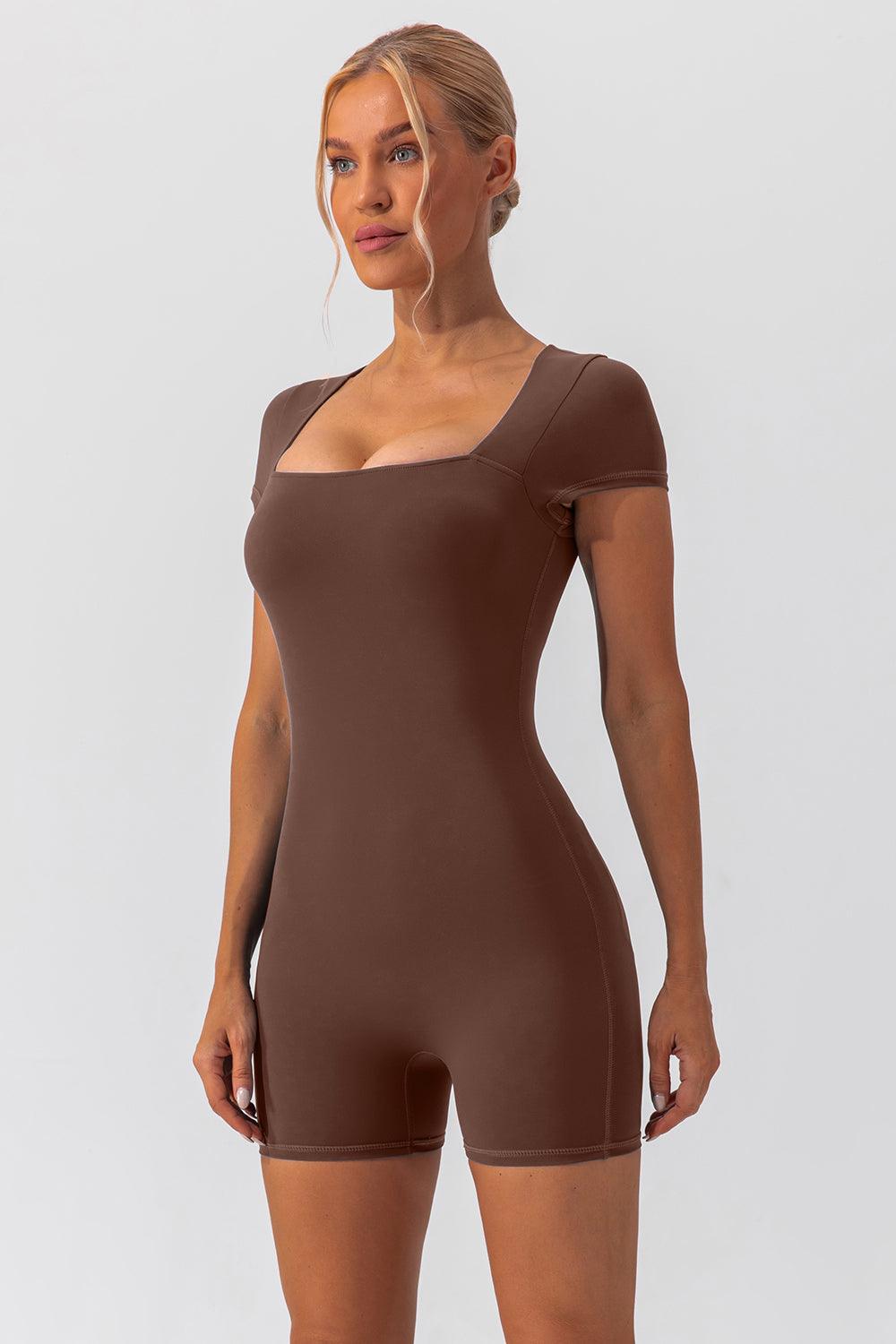 Square Neck Cap Sleeve Active Romper - Znvia