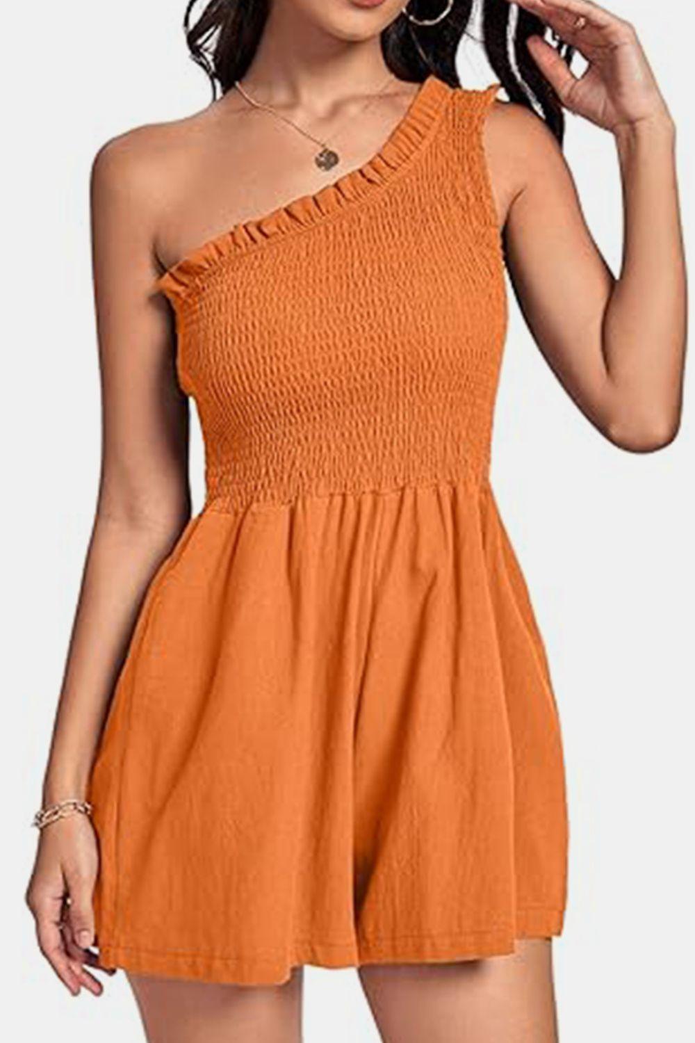 Smocked Single Shoulder Romper - Znvia