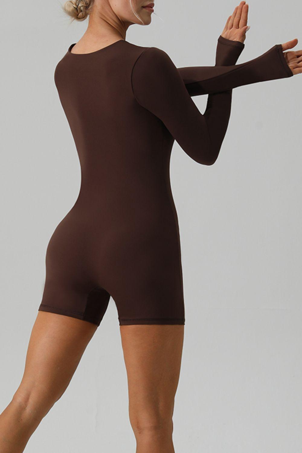 Square Neck Long Sleeve Active Romper - Znvia