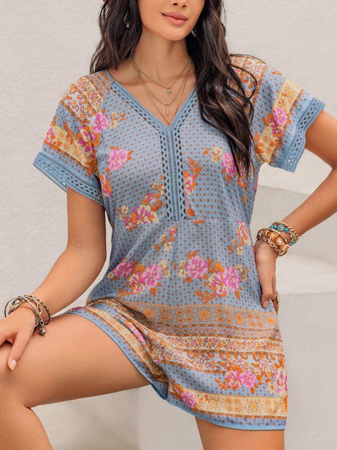 Printed V-Neck Short Sleeve Romper - Znvia