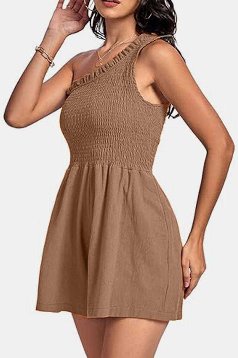 Smocked Single Shoulder Romper - Znvia