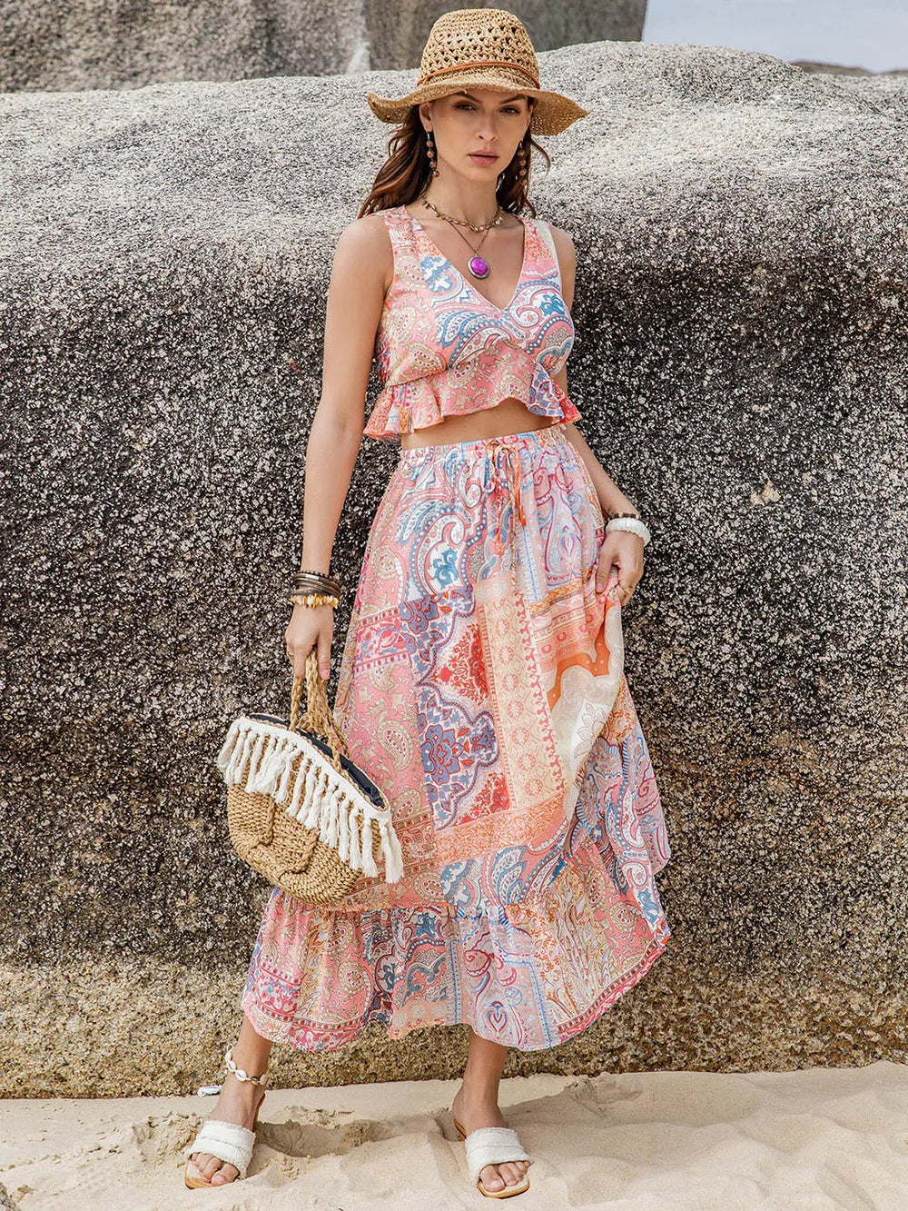 Printed V-Neck Top and Midi Skirt Set - Znvia