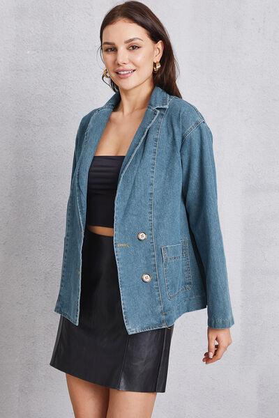 Pocketed Button Up Denim Jacket - Znvia
