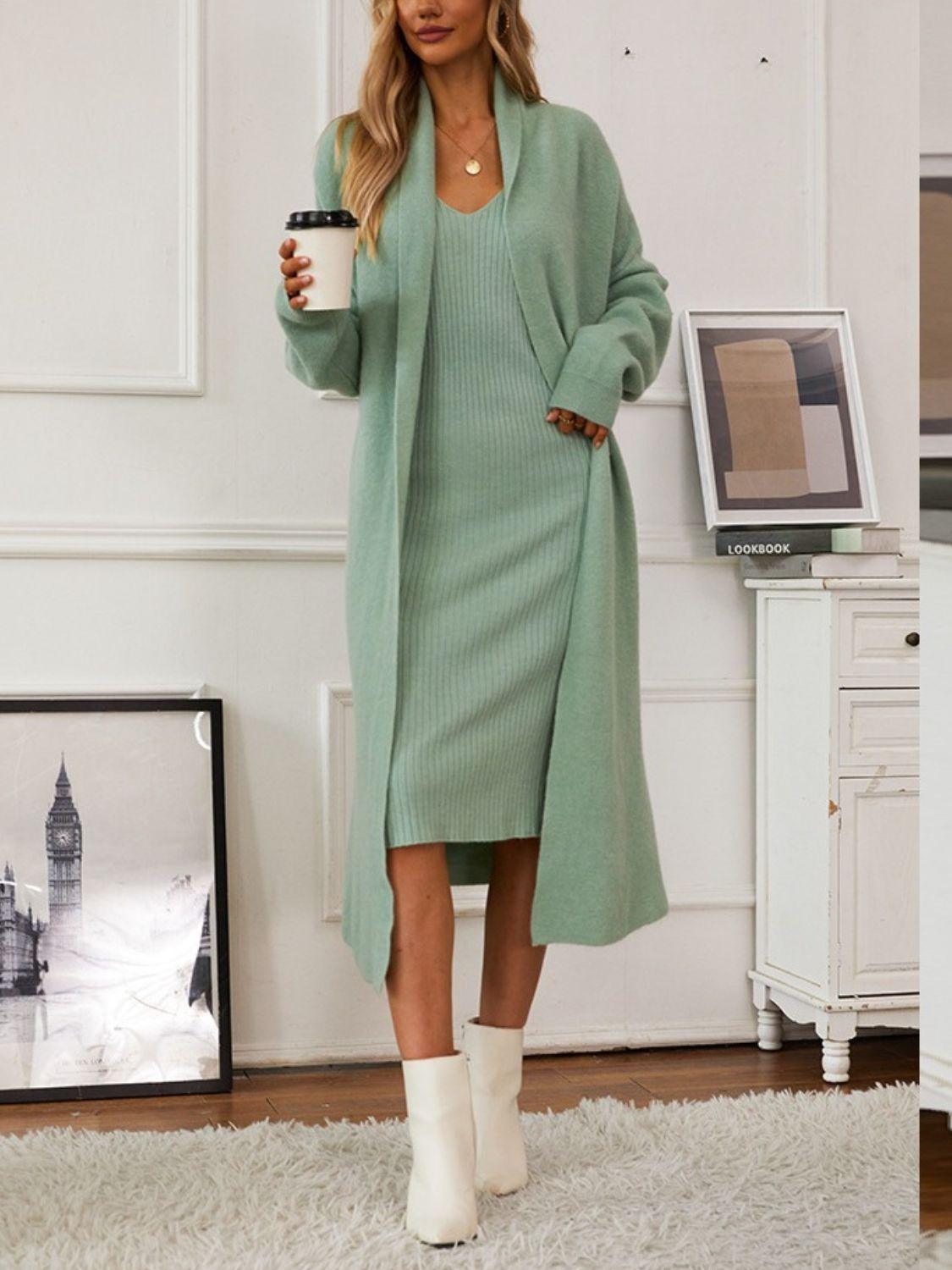 V-Neck Cami Dress and Open Front Cardigan Sweater Set – Effortless Elegance, Everyday Comfort - Znvia