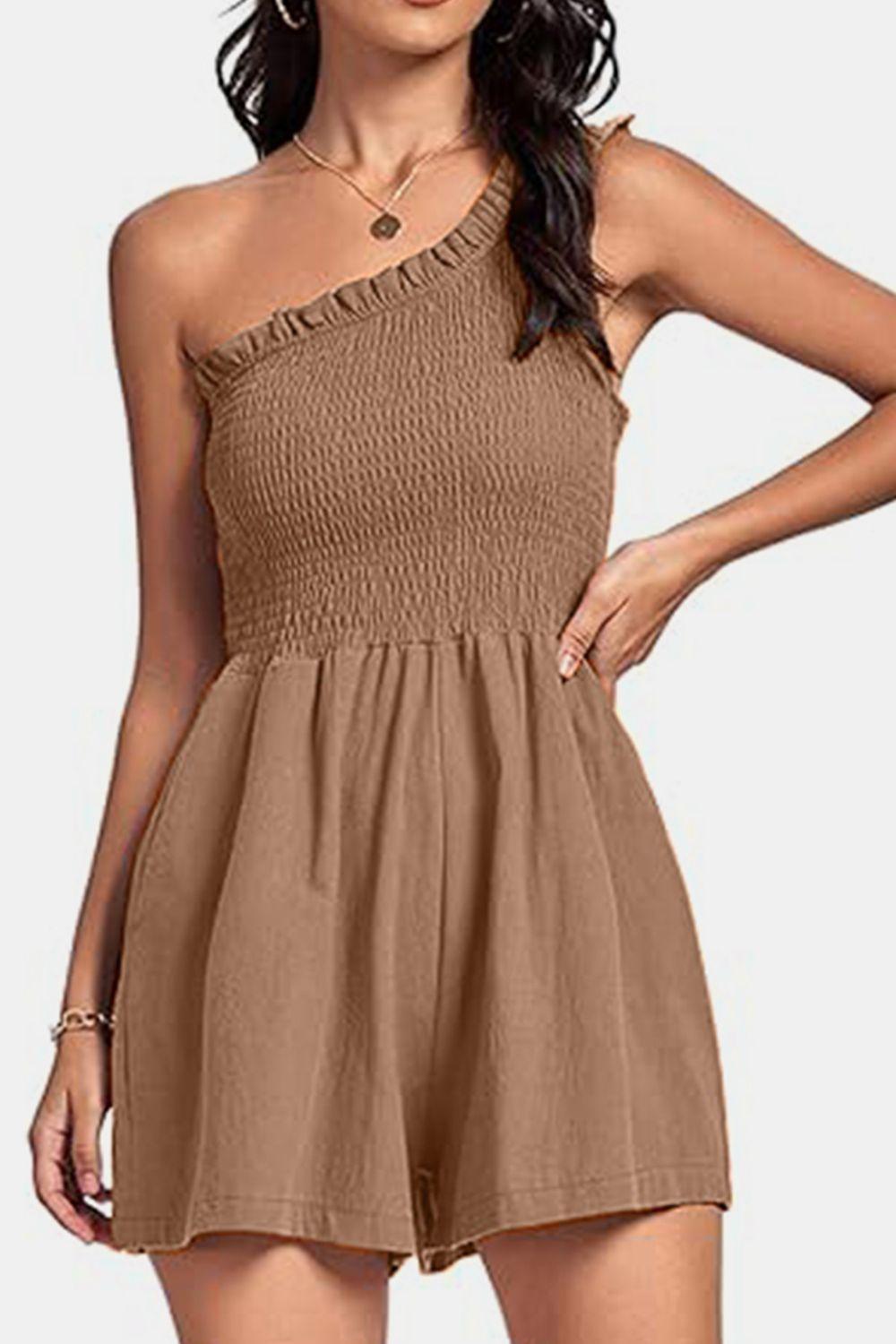 Smocked Single Shoulder Romper - Znvia