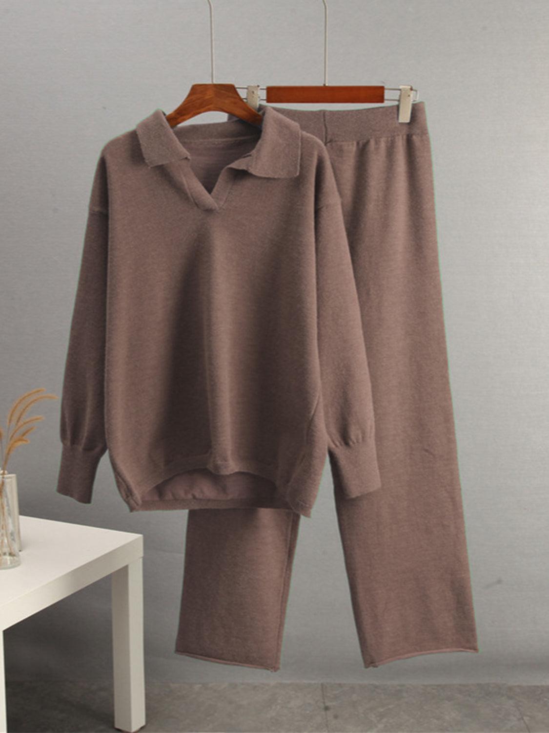 Johnny Collar Long Sleeve Top and Pants Sweater Set – Effortless Style and Comfort - Znvia