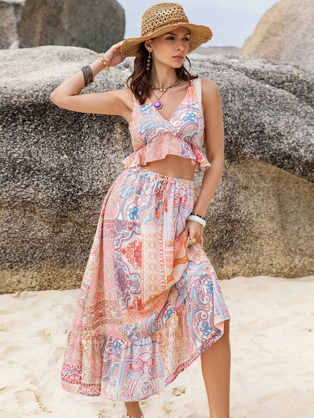 Printed V-Neck Top and Midi Skirt Set - Znvia