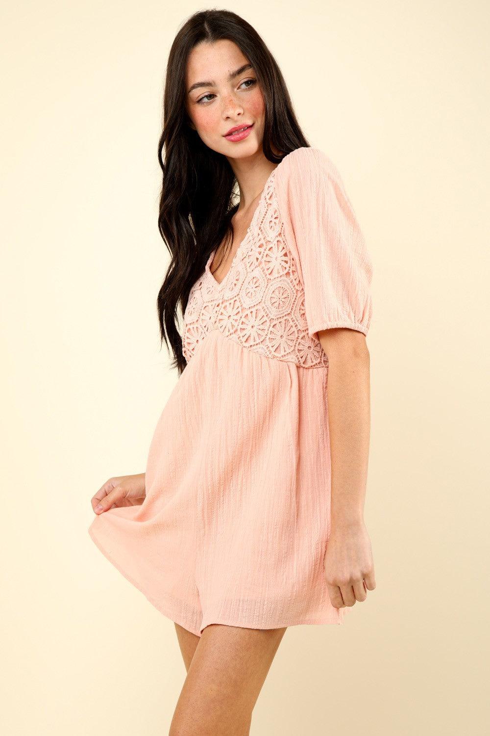 Lace Detail Puff Sleeve Romper with Pockets - Znvia